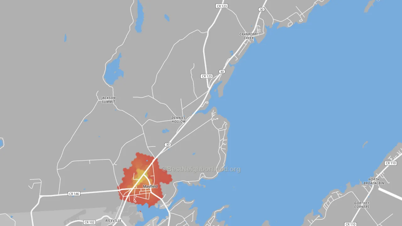 Walk Grade map of Mayfield, NY, walkable areas in green and car-dependent areas in red