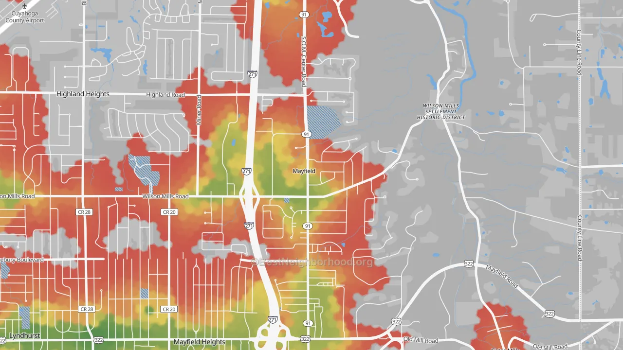 Walk Grade map of Mayfield, OH, walkable areas in green and car-dependent areas in red