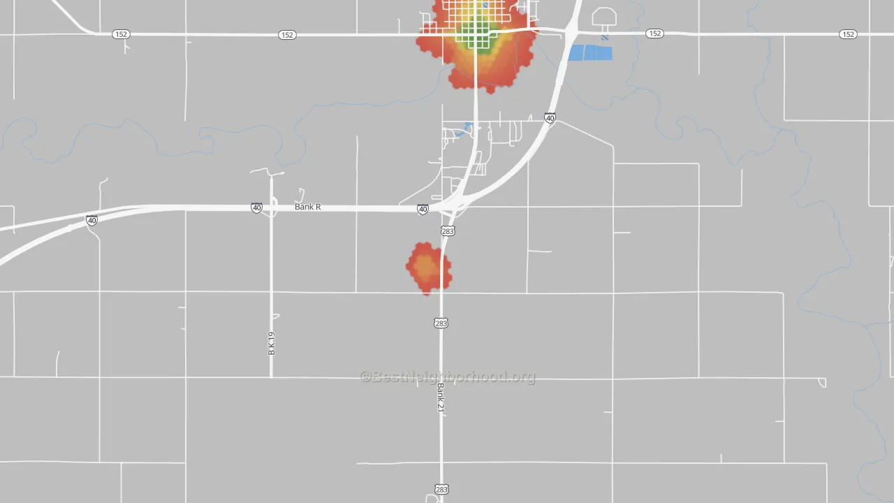 Walk Grade map of Mayfield, OK, walkable areas in green and car-dependent areas in red