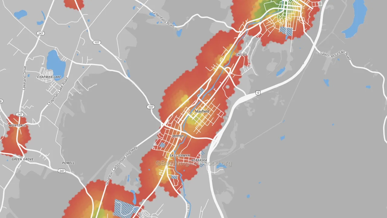 Walk Grade map of Mayfield, PA, walkable areas in green and car-dependent areas in red