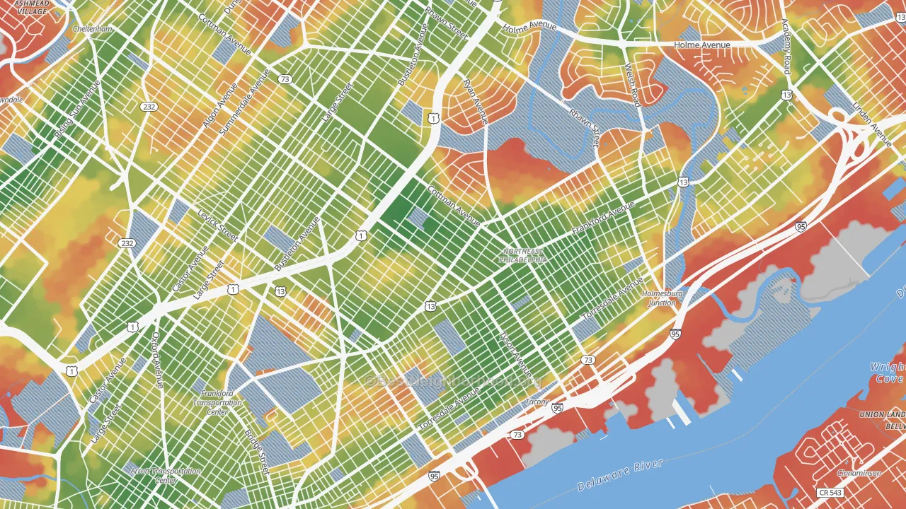 Walk Grade map of Mayfield, Philadelphia, PA, walkable areas in green and car-dependent areas in red