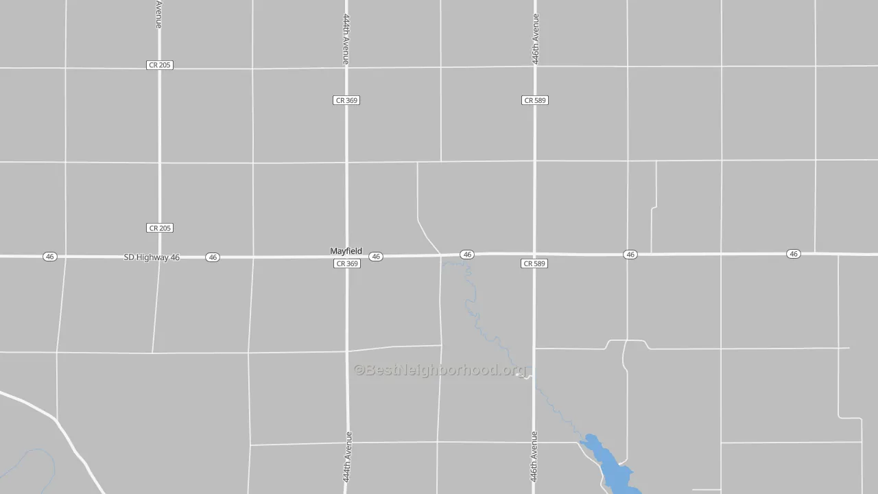 Walk Grade map of Mayfield, SD, walkable areas in green and car-dependent areas in red