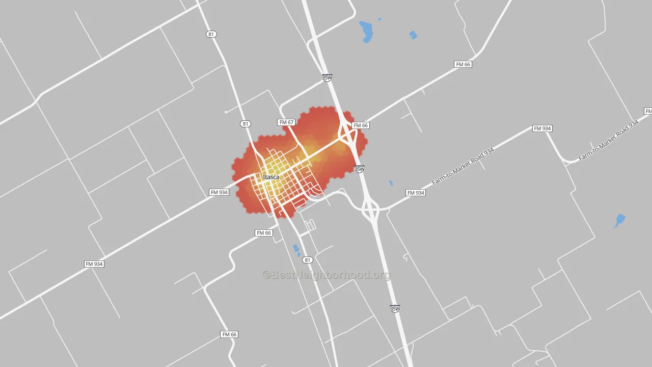 Walk Grade map of Mayfield, TX, walkable areas in green and car-dependent areas in red