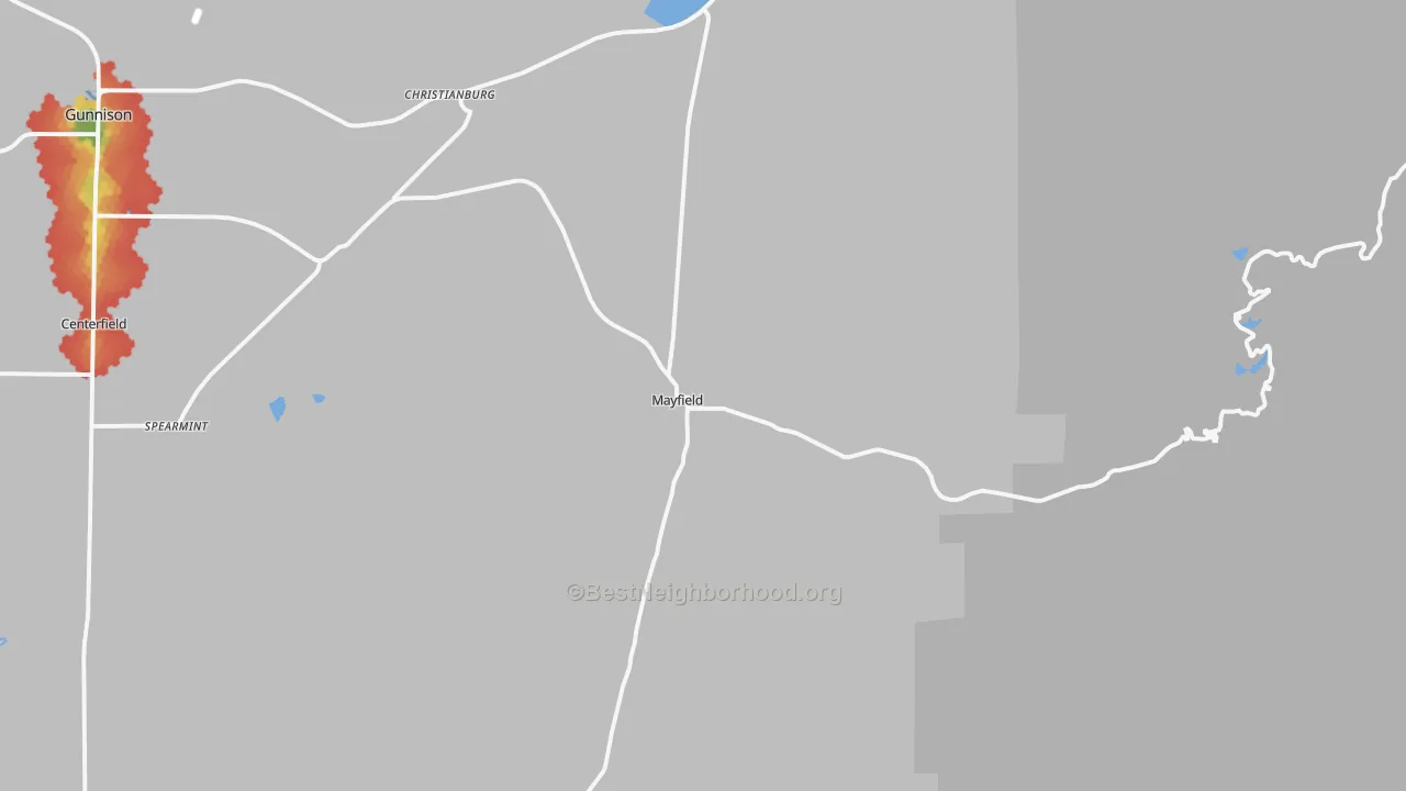 Walk Grade map of Mayfield, UT, walkable areas in green and car-dependent areas in red