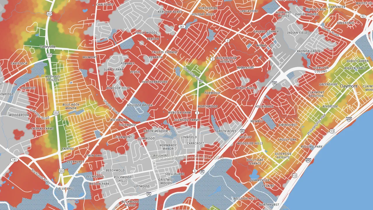 Walk Grade map of Mayfield, Wilmington, DE, walkable areas in green and car-dependent areas in red