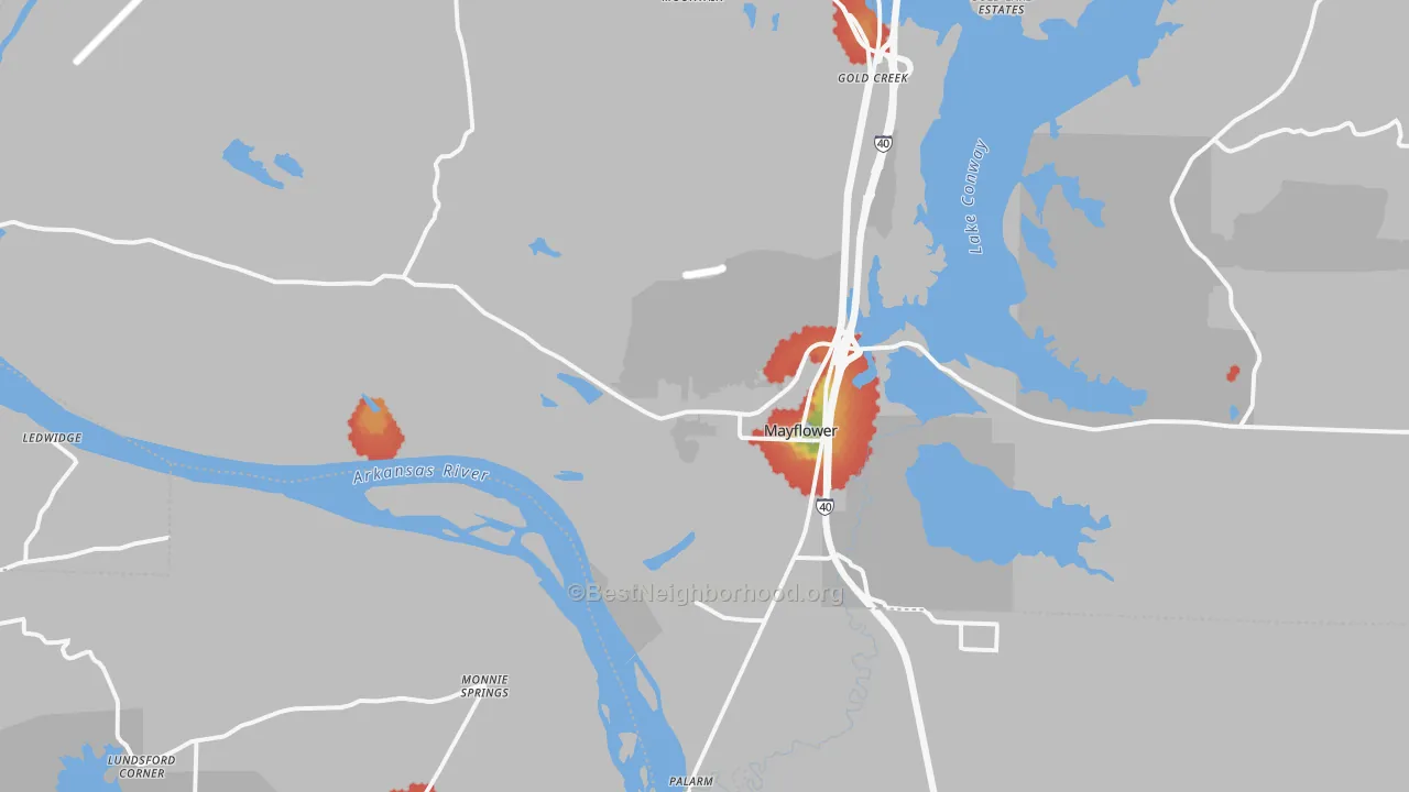 Walk Grade map of Mayflower, AR, walkable areas in green and car-dependent areas in red