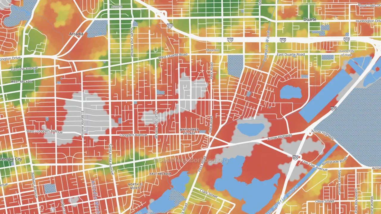 Walk Grade map of Mayflower Village, Arcadia, CA, walkable areas in green and car-dependent areas in red