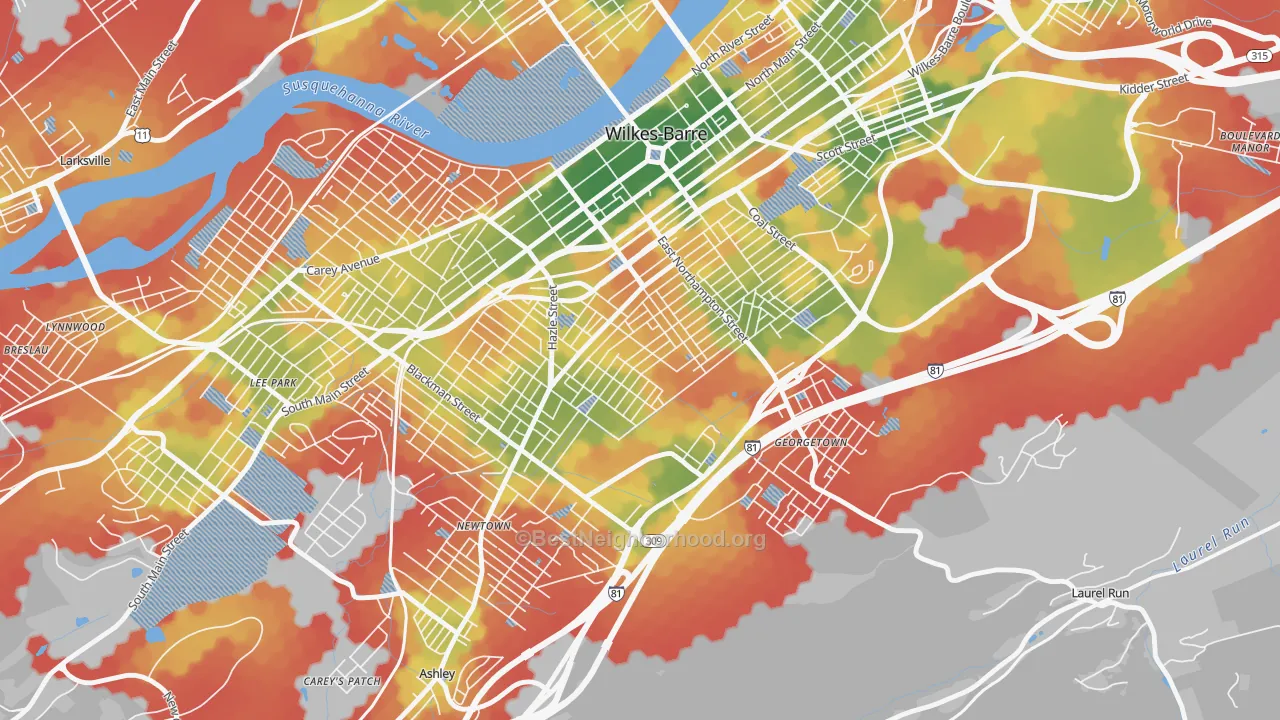 Walk Grade map of Mayflower, Wilkes-Barre, PA, walkable areas in green and car-dependent areas in red