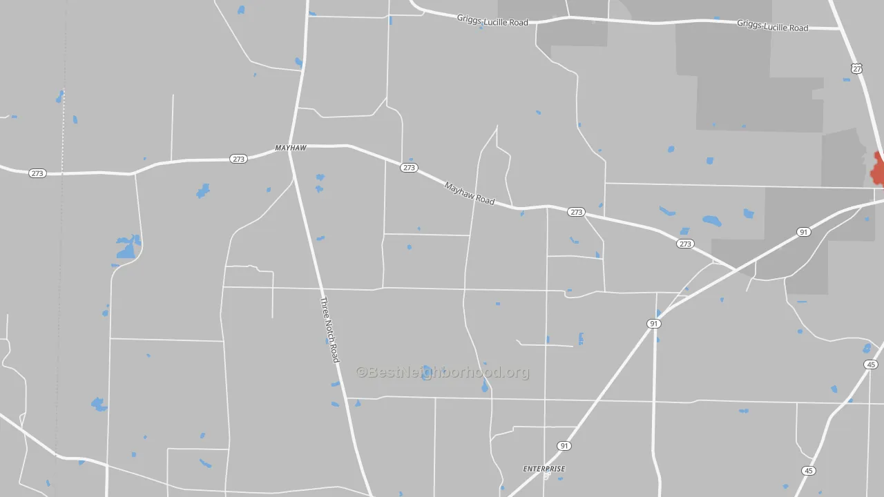 Walk Grade map of Mayhaw, GA, walkable areas in green and car-dependent areas in red
