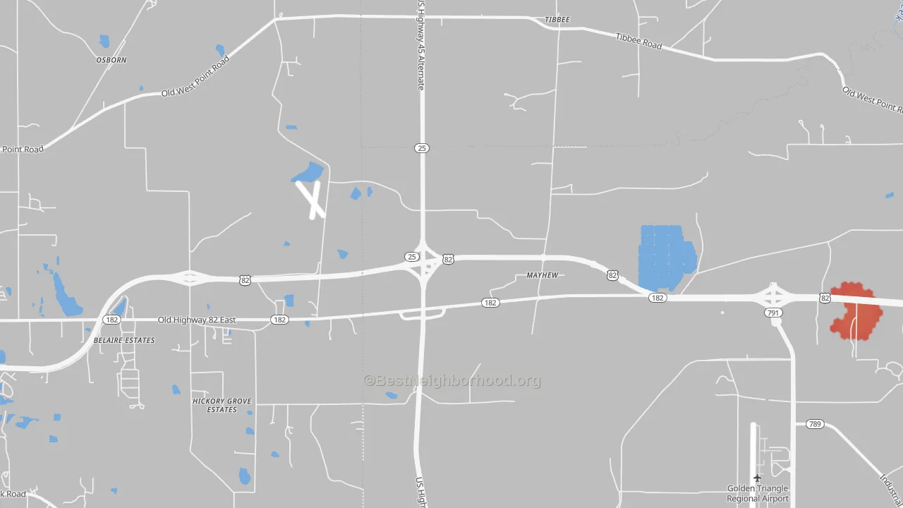 Walk Grade map of Mayhew, MS, walkable areas in green and car-dependent areas in red