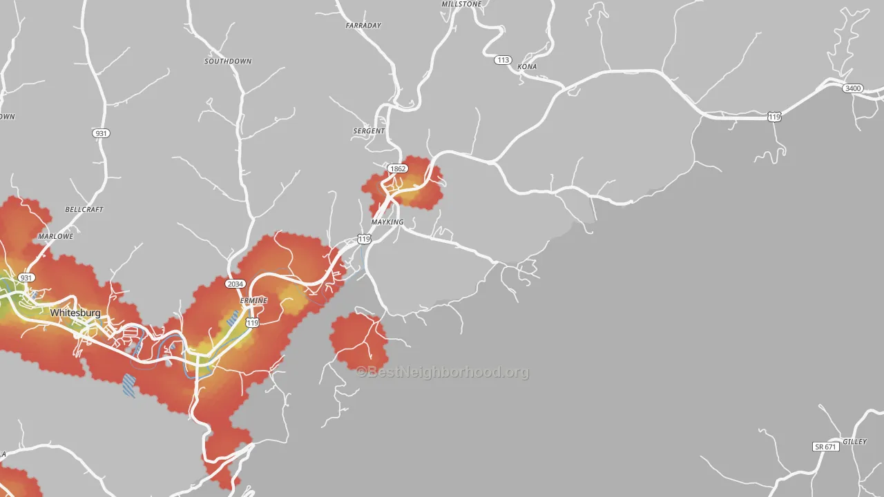 Walk Grade map of Mayking, KY, walkable areas in green and car-dependent areas in red