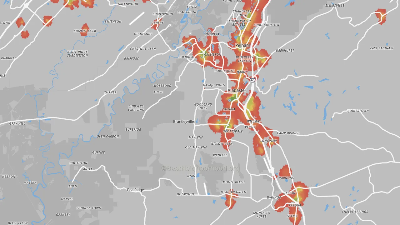 Walk Grade map of Maylene, AL, walkable areas in green and car-dependent areas in red