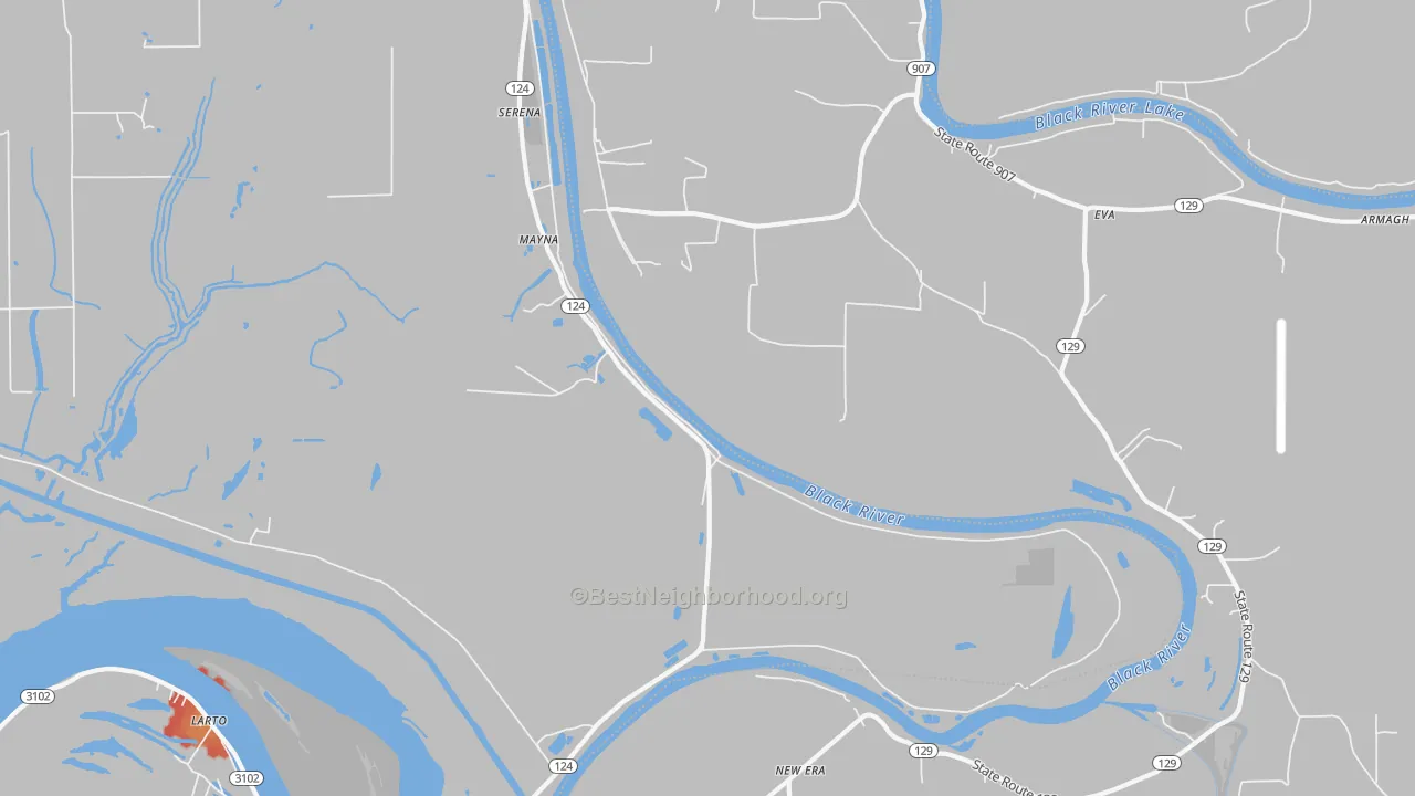 Walk Grade map of Mayna, LA, walkable areas in green and car-dependent areas in red