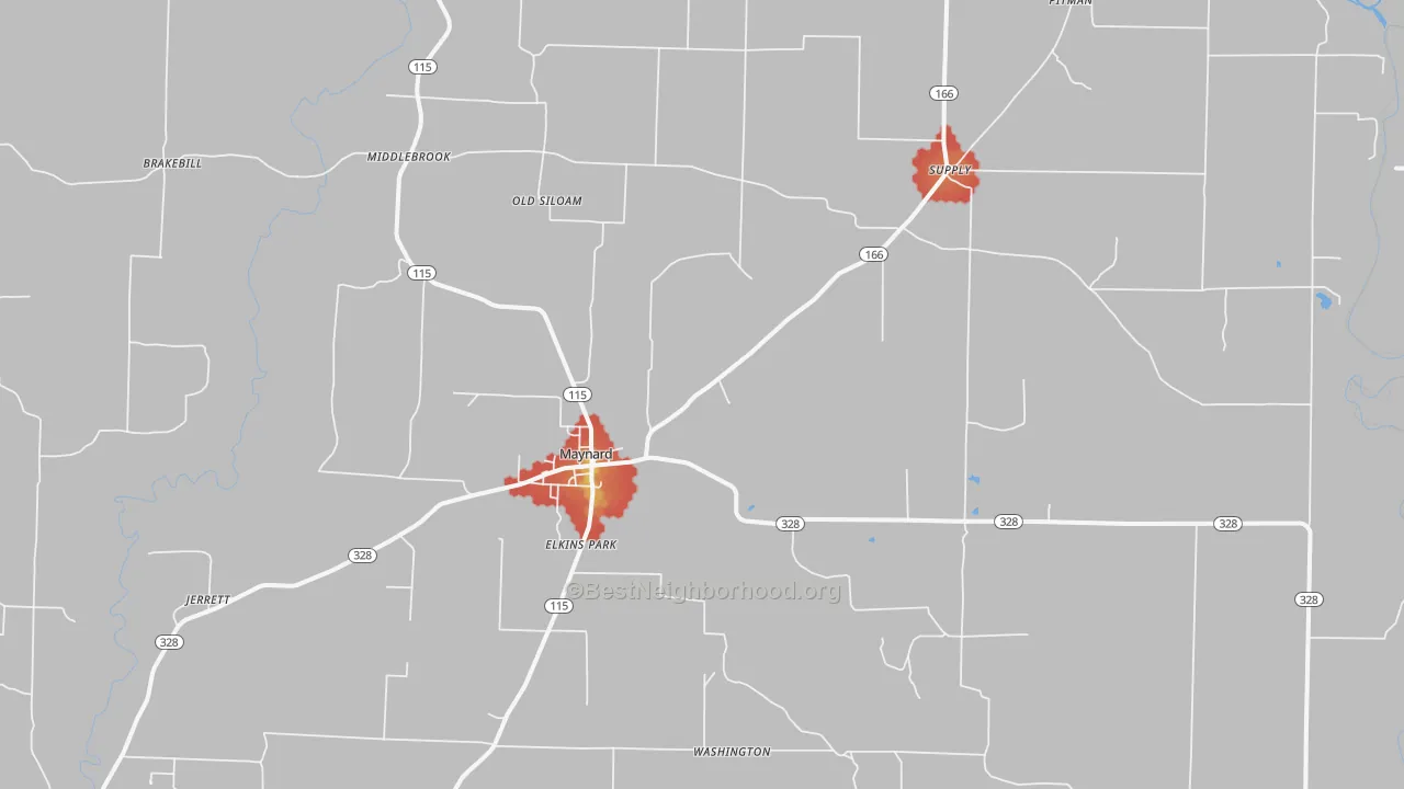 Walk Grade map of Maynard, AR, walkable areas in green and car-dependent areas in red