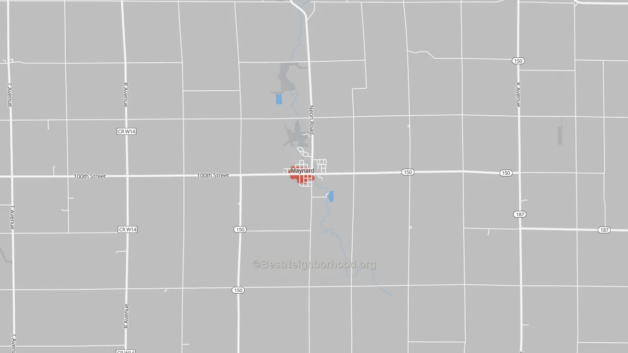 Walk Grade map of Maynard, IA, walkable areas in green and car-dependent areas in red
