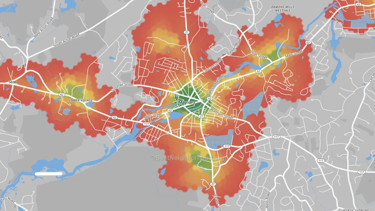 Walk Grade map of Maynard, MA, walkable areas in green and car-dependent areas in red