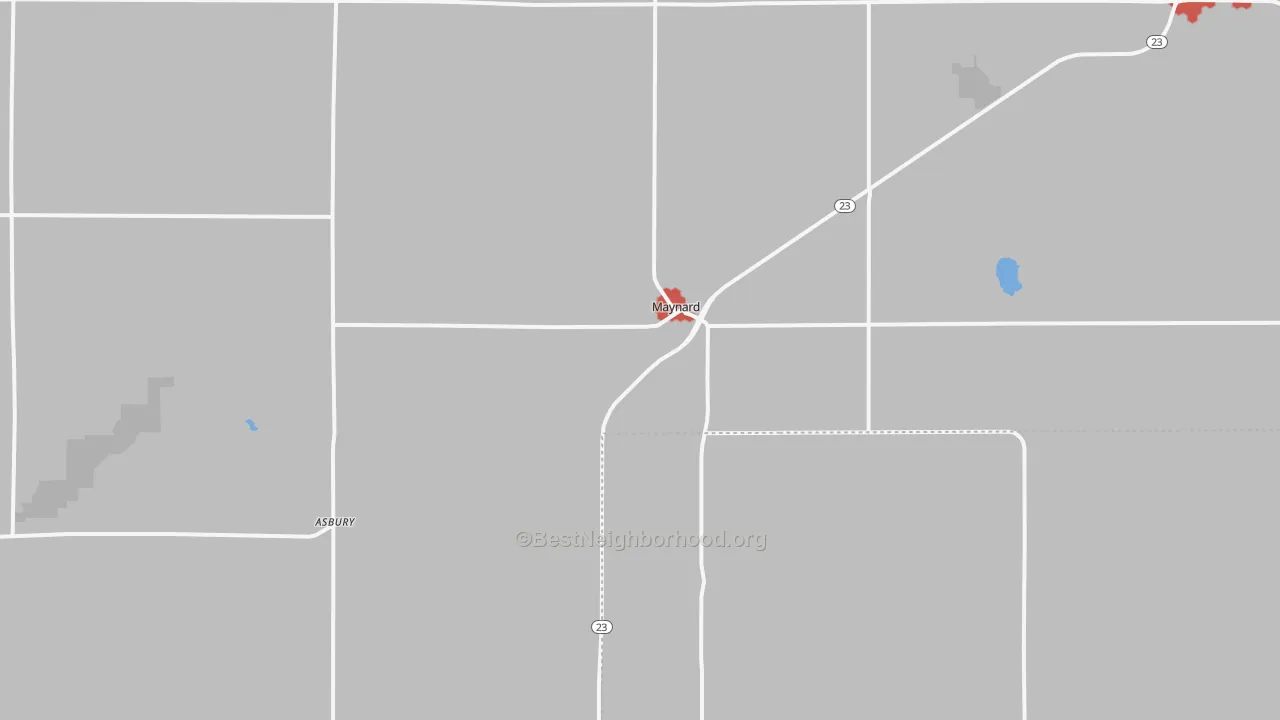 Walk Grade map of Maynard, MN, walkable areas in green and car-dependent areas in red