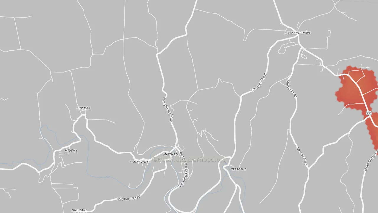 Walk Grade map of Maynard, OH, walkable areas in green and car-dependent areas in red