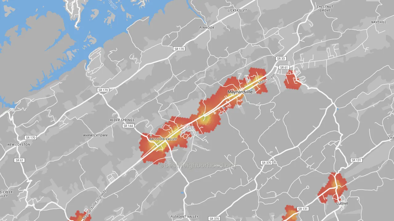 Walk Grade map of Maynardville, TN, walkable areas in green and car-dependent areas in red