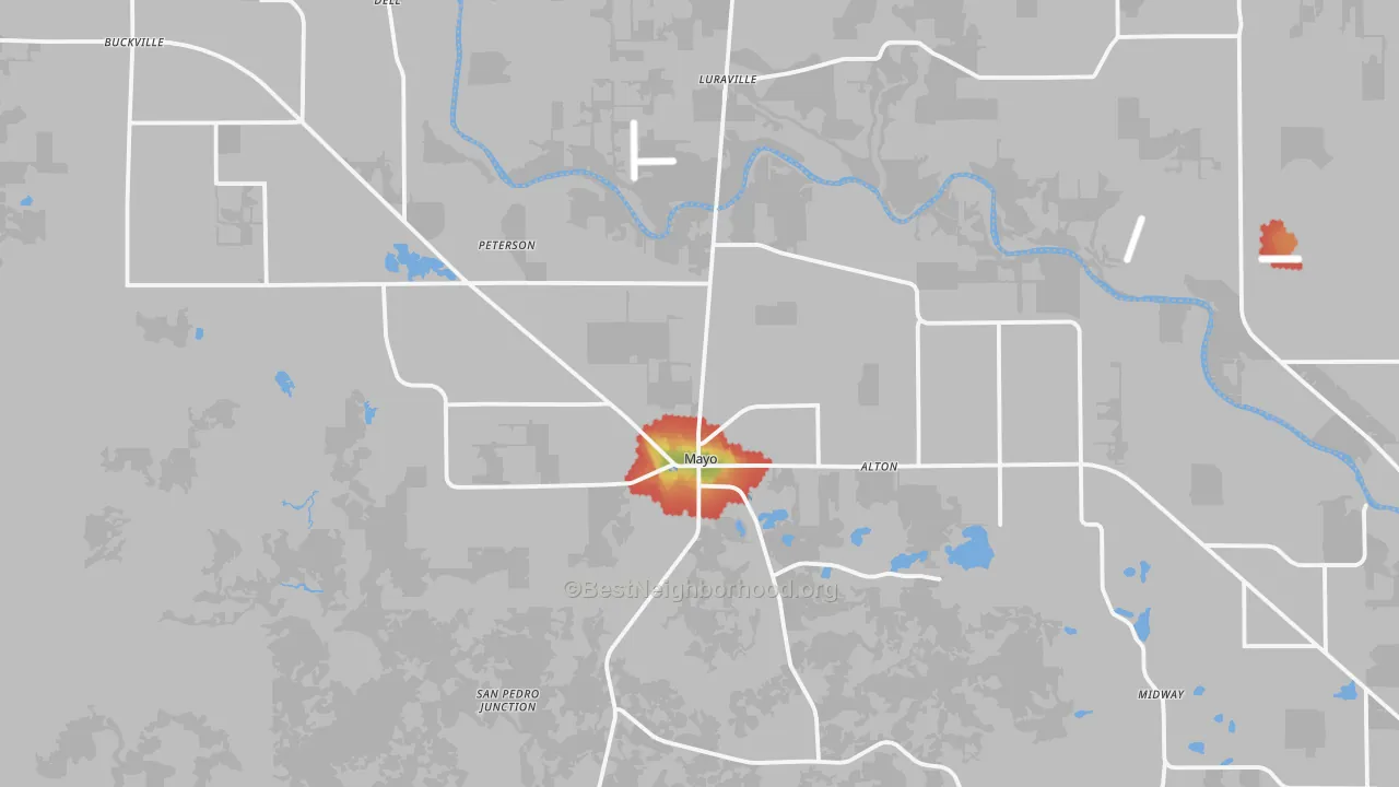 Walk Grade map of Mayo, FL, walkable areas in green and car-dependent areas in red