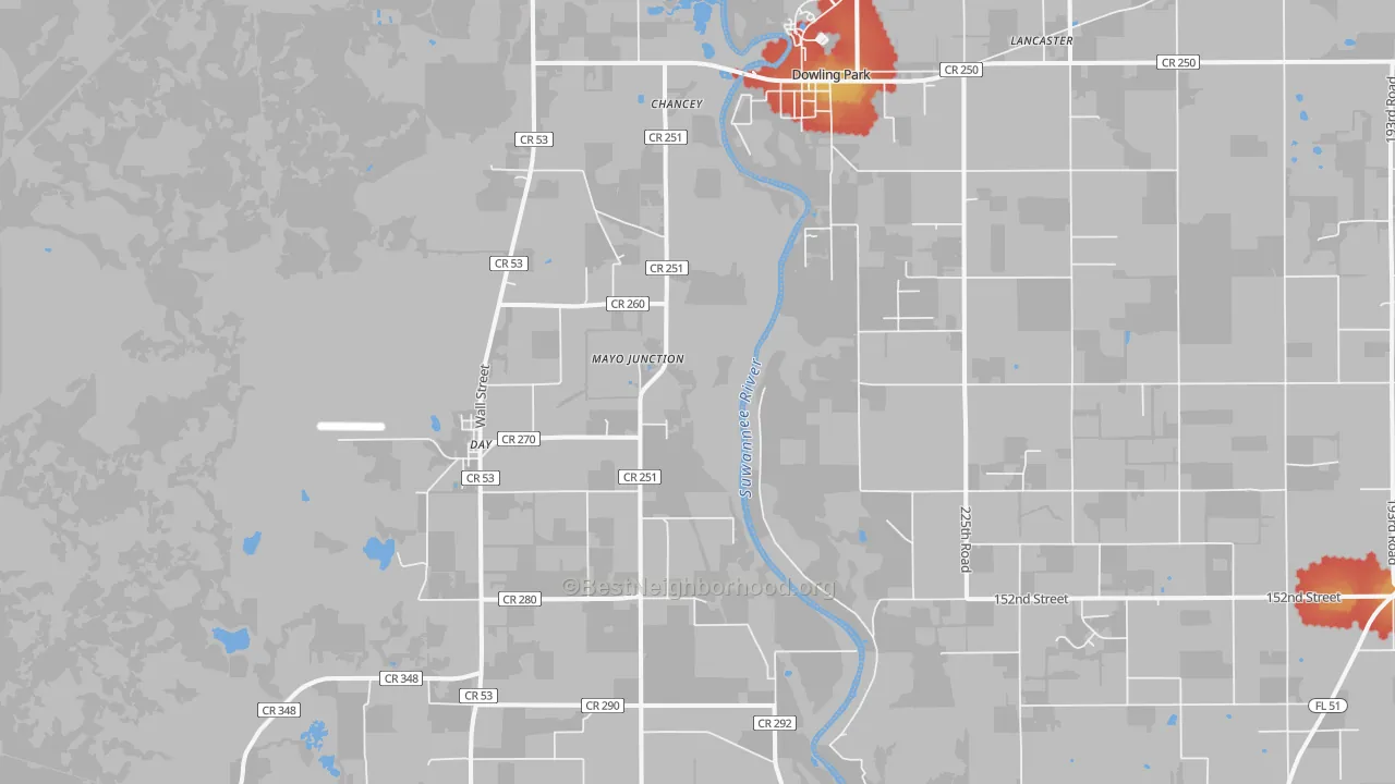 Walk Grade map of Mayo Junction, FL, walkable areas in green and car-dependent areas in red