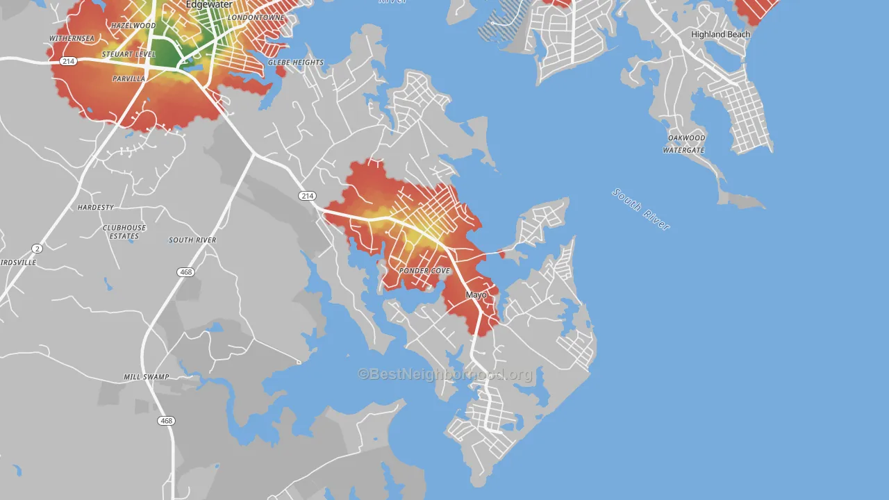Walk Grade map of Mayo, MD, walkable areas in green and car-dependent areas in red