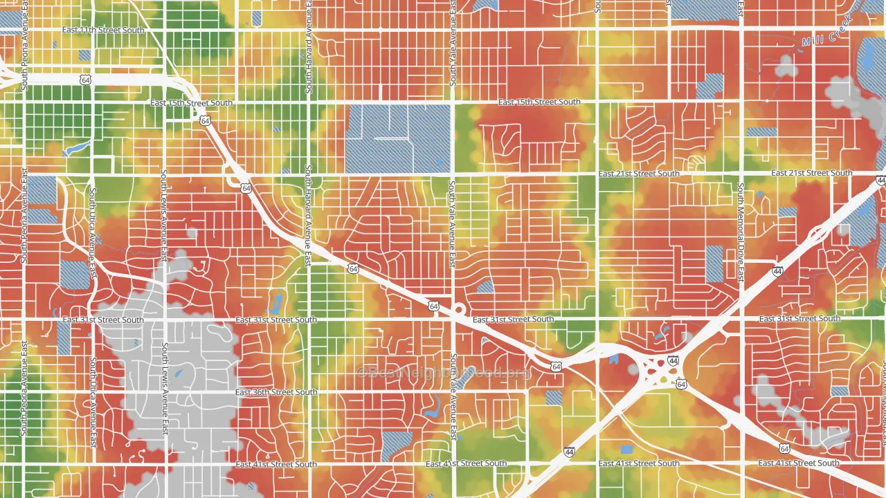 Walk Grade map of Mayo Meadow, Tulsa, OK, walkable areas in green and car-dependent areas in red
