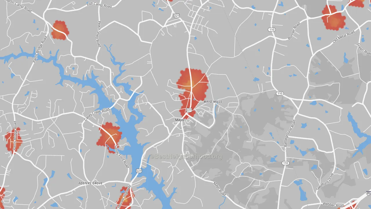 Walk Grade map of Mayo, SC, walkable areas in green and car-dependent areas in red