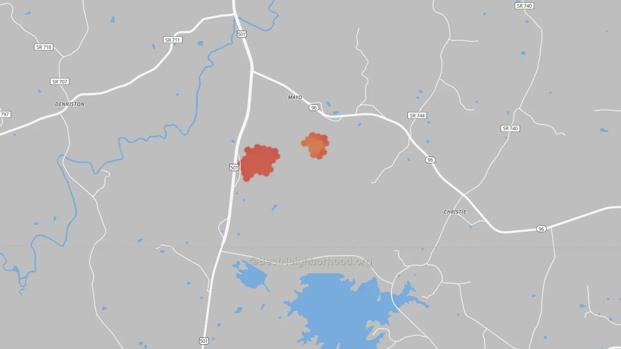 Walk Grade map of Mayo, VA, walkable areas in green and car-dependent areas in red