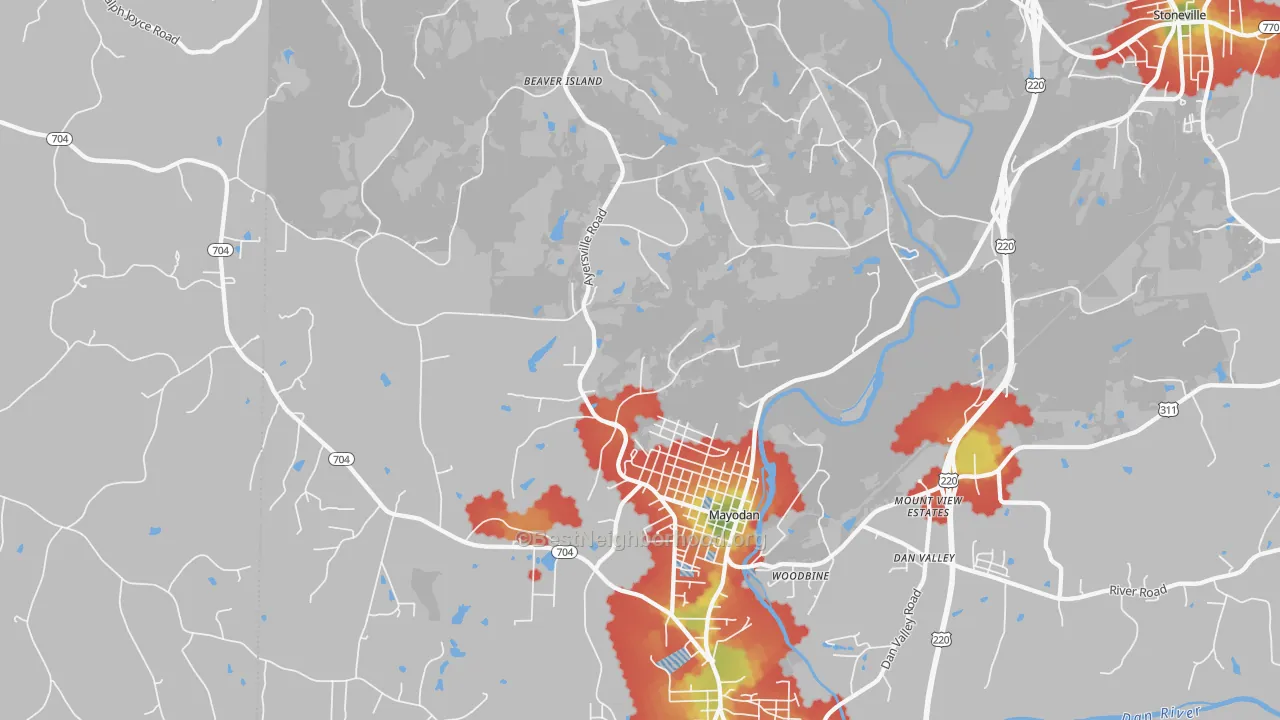 Walk Grade map of Mayodan, NC, walkable areas in green and car-dependent areas in red