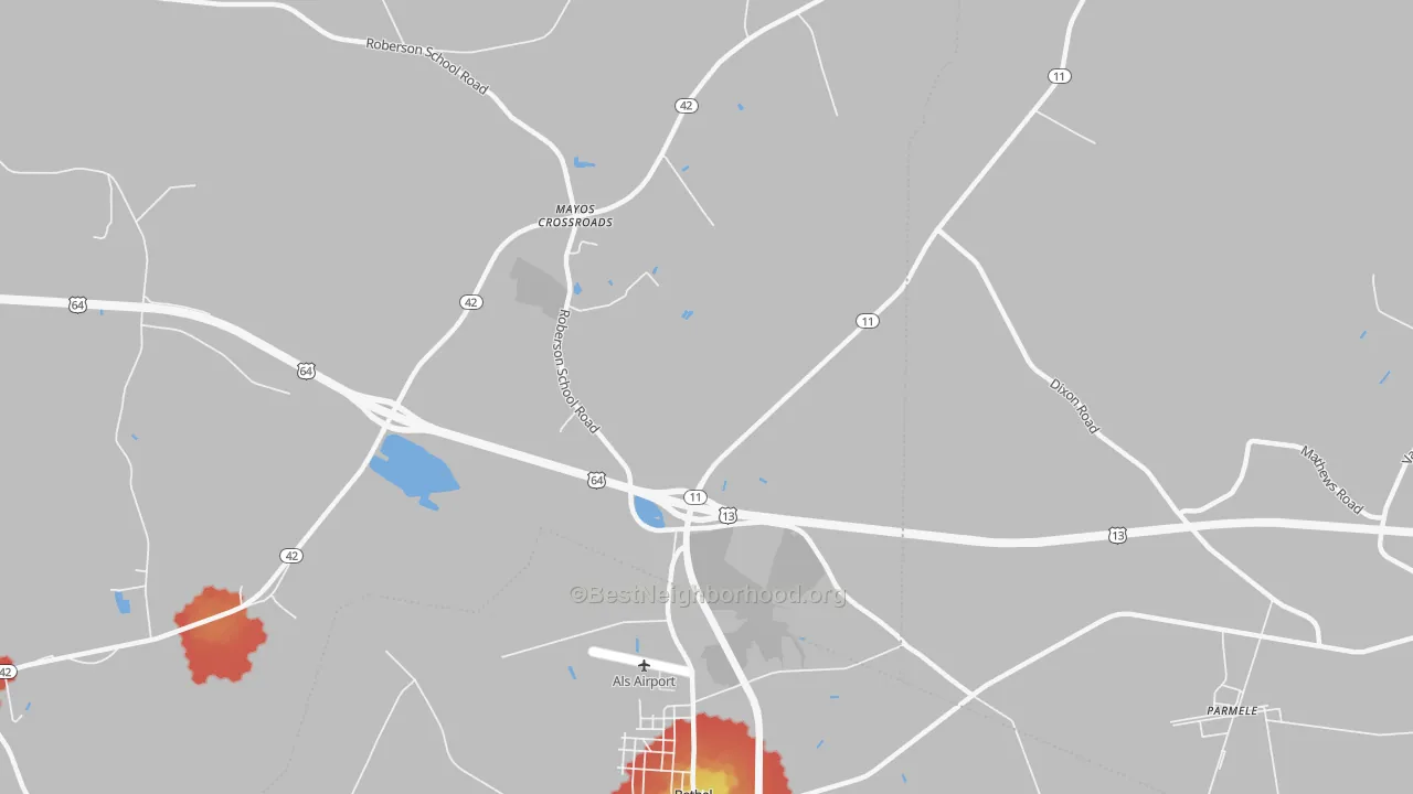 Walk Grade map of Mayos Crossroads, NC, walkable areas in green and car-dependent areas in red