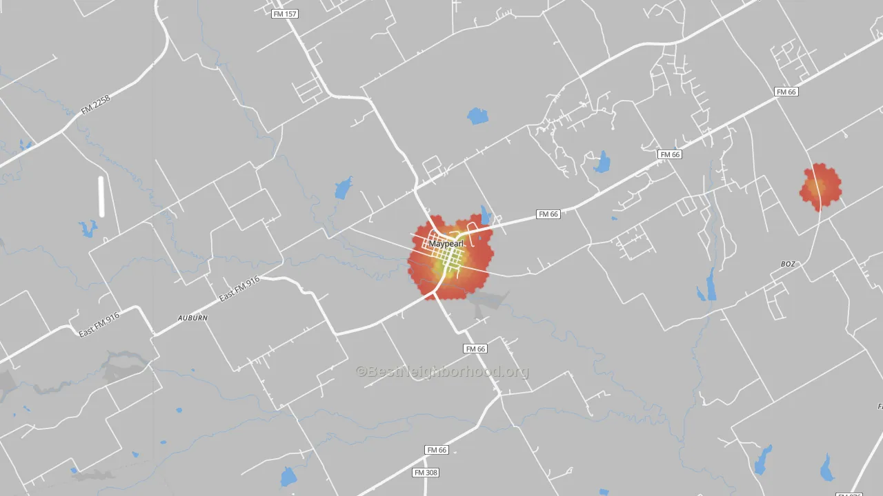 Walk Grade map of Maypearl, TX, walkable areas in green and car-dependent areas in red