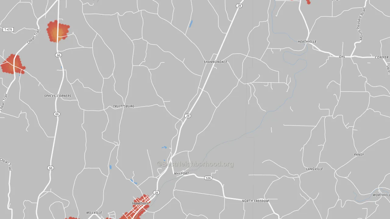 Walk Grade map of Mayport, PA, walkable areas in green and car-dependent areas in red
