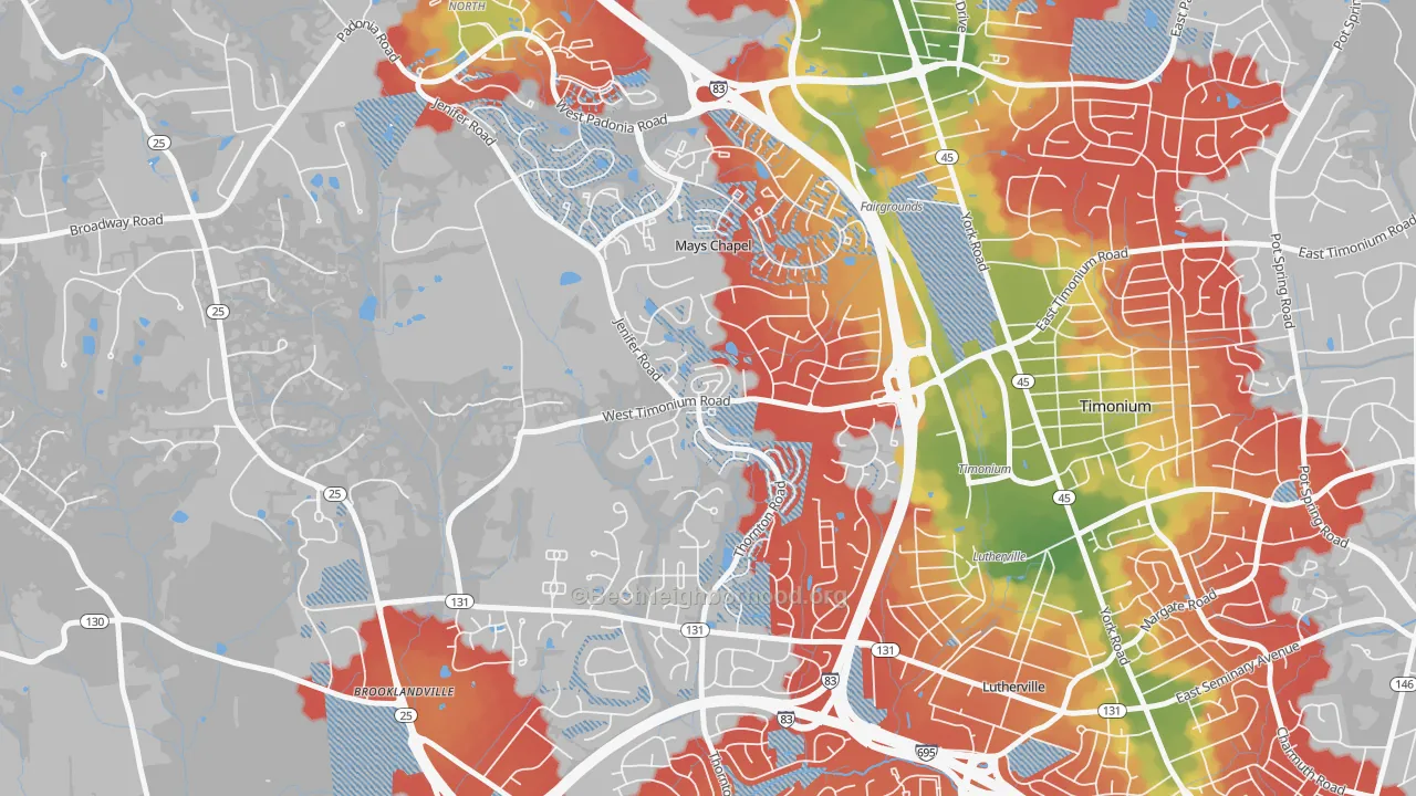 Walk Grade map of Mays Chapel, MD, walkable areas in green and car-dependent areas in red