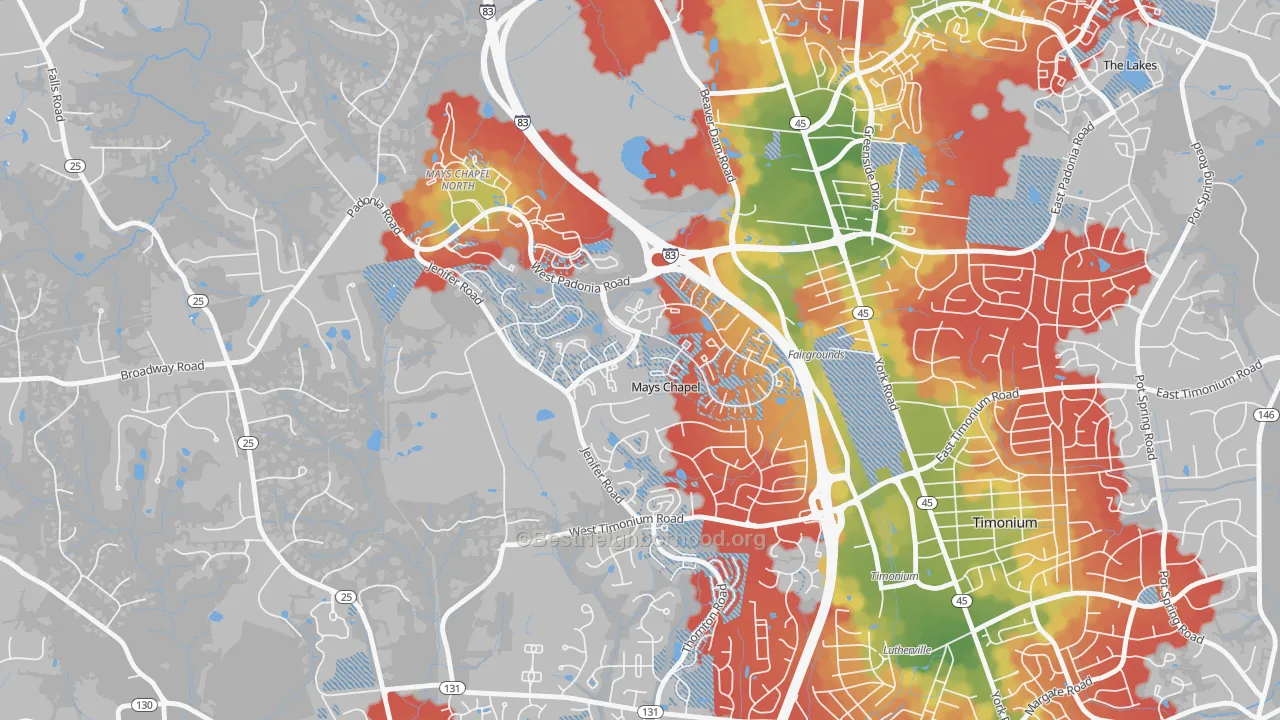 Walk Grade map of Mays Chapel Village, Mays Chapel, MD, walkable areas in green and car-dependent areas in red