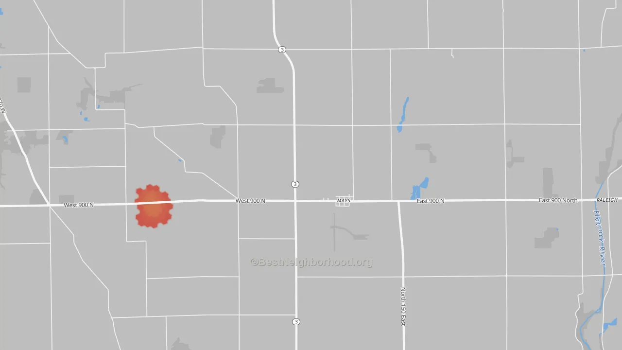 Walk Grade map of Mays, IN, walkable areas in green and car-dependent areas in red