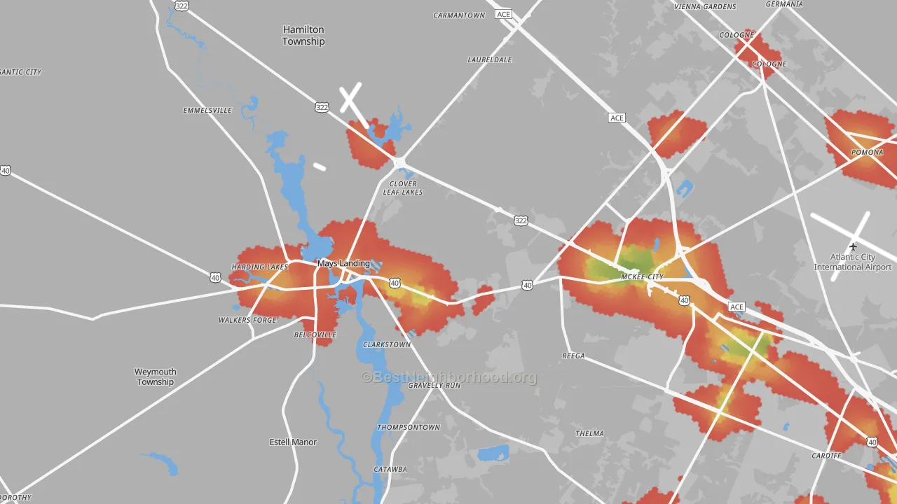 Walk Grade map of Mays Landing, NJ, walkable areas in green and car-dependent areas in red