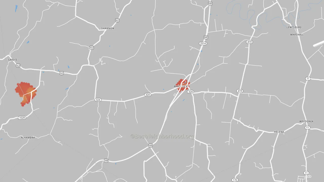 Walk Grade map of Mays Lick, KY, walkable areas in green and car-dependent areas in red