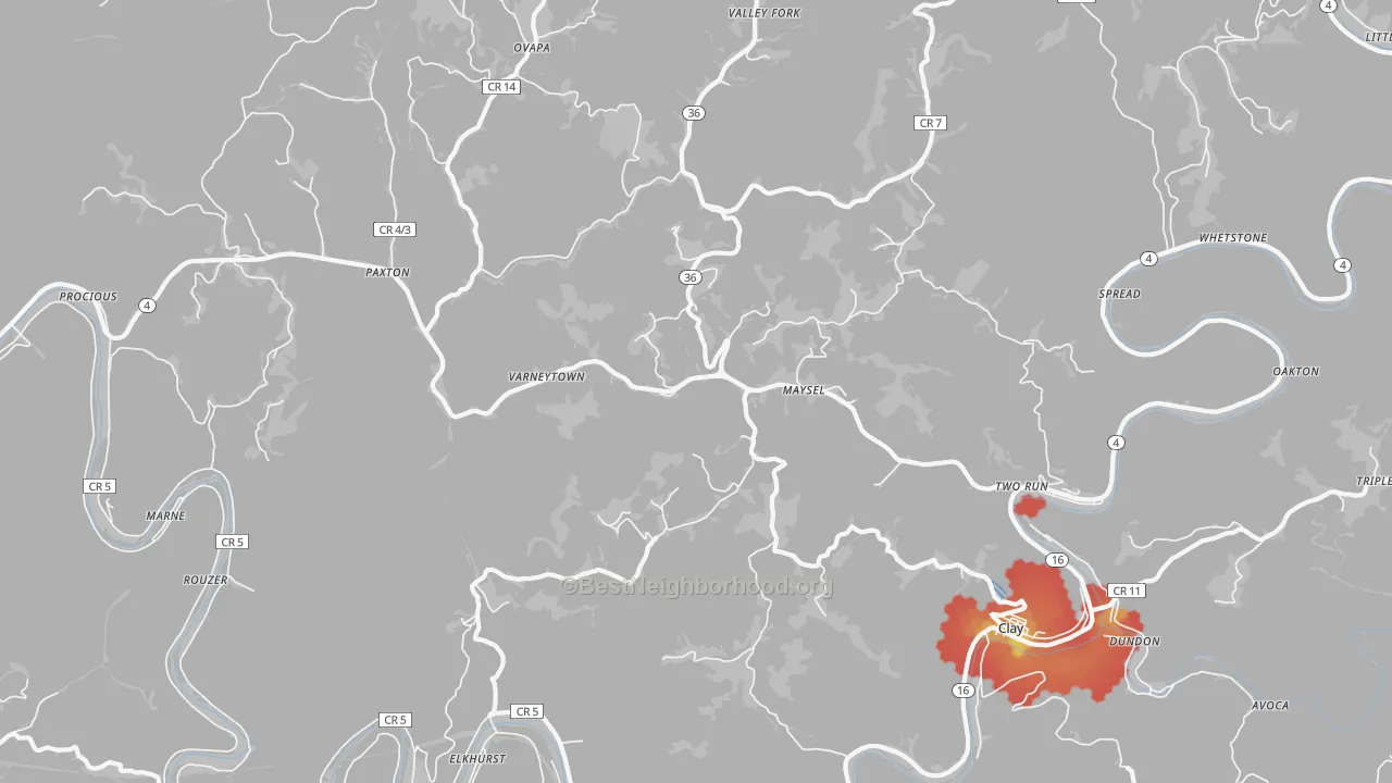 Walk Grade map of Maysel, WV, walkable areas in green and car-dependent areas in red