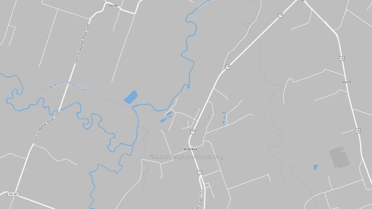 Walk Grade map of Maysfield, TX, walkable areas in green and car-dependent areas in red