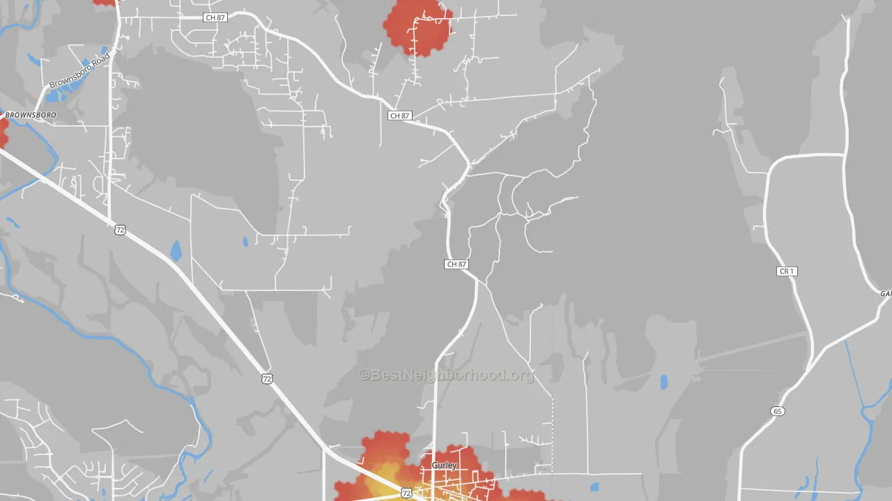 Walk Grade map of Maysville, AL, walkable areas in green and car-dependent areas in red
