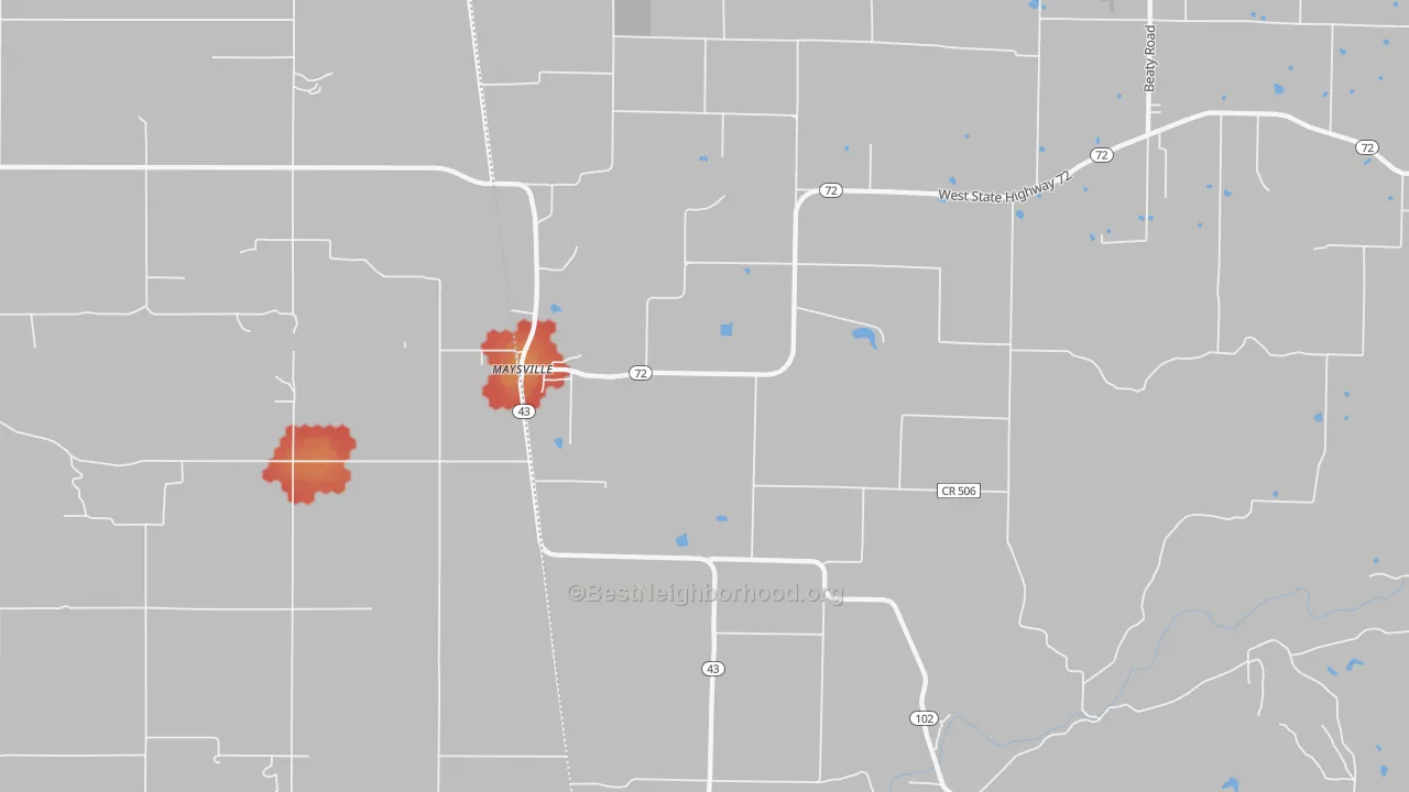 Walk Grade map of Maysville, AR, walkable areas in green and car-dependent areas in red