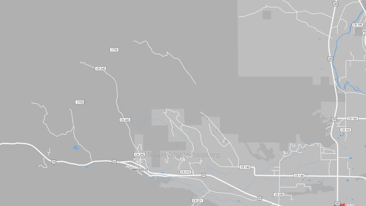 Walk Grade map of Maysville, CO, walkable areas in green and car-dependent areas in red