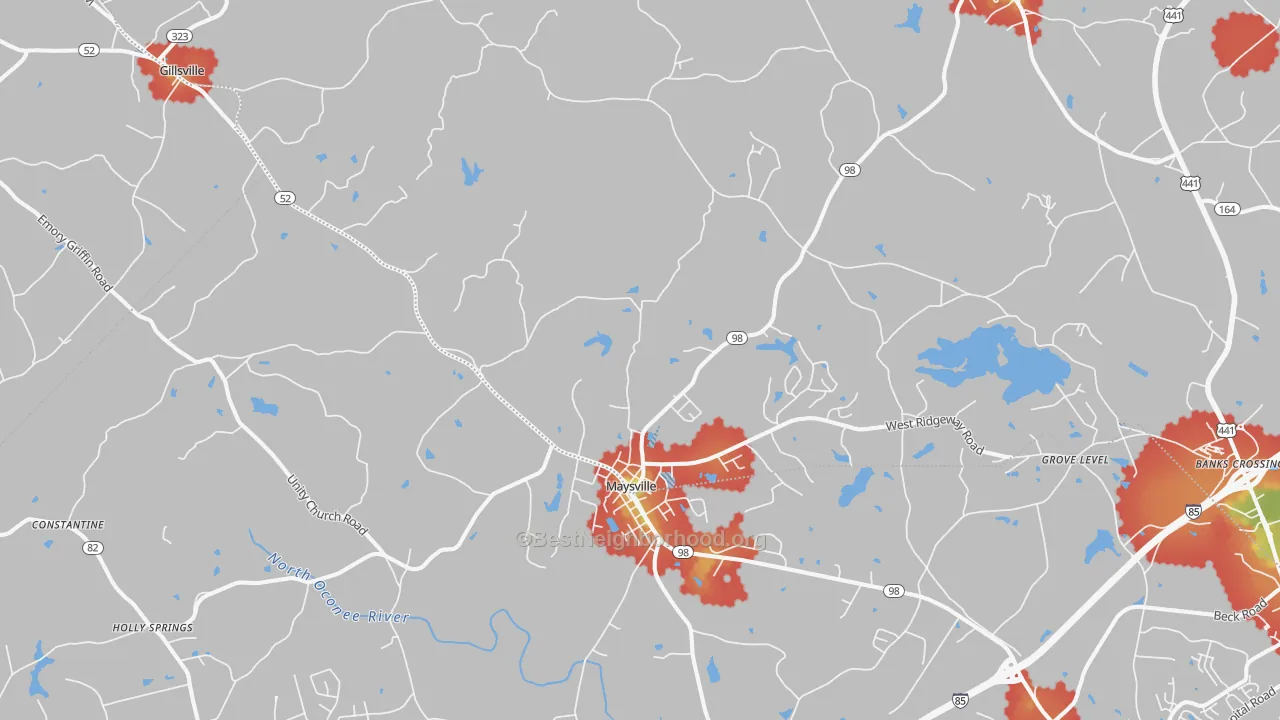 Walk Grade map of Maysville, GA, walkable areas in green and car-dependent areas in red