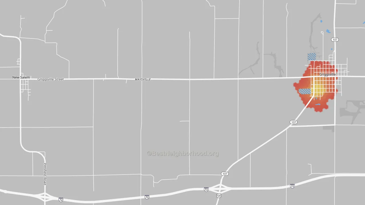 Walk Grade map of Maysville, IL, walkable areas in green and car-dependent areas in red