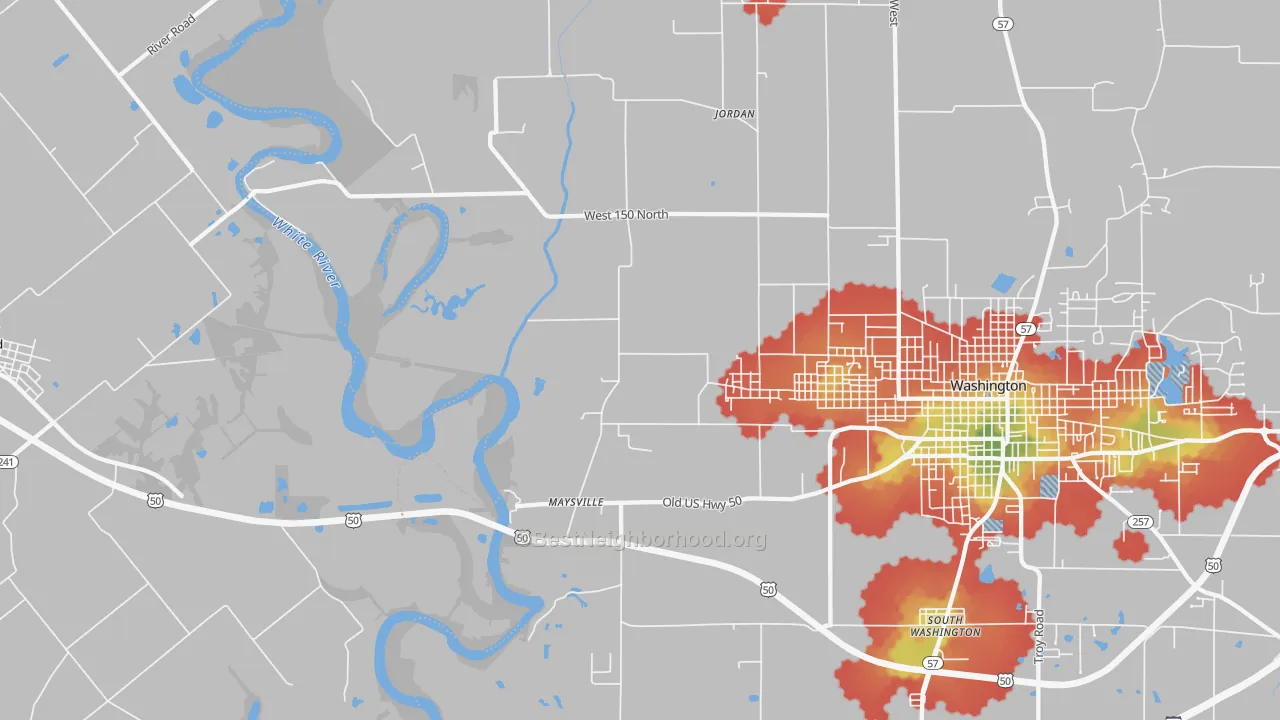 Walk Grade map of Maysville, IN, walkable areas in green and car-dependent areas in red