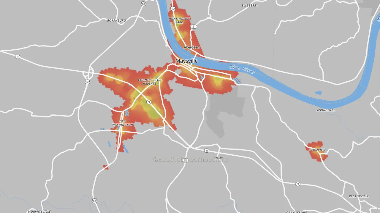 Walk Grade map of Maysville, KY, walkable areas in green and car-dependent areas in red