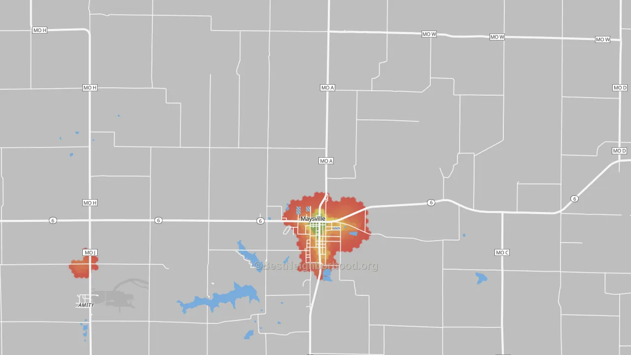 Walk Grade map of Maysville, MO, walkable areas in green and car-dependent areas in red