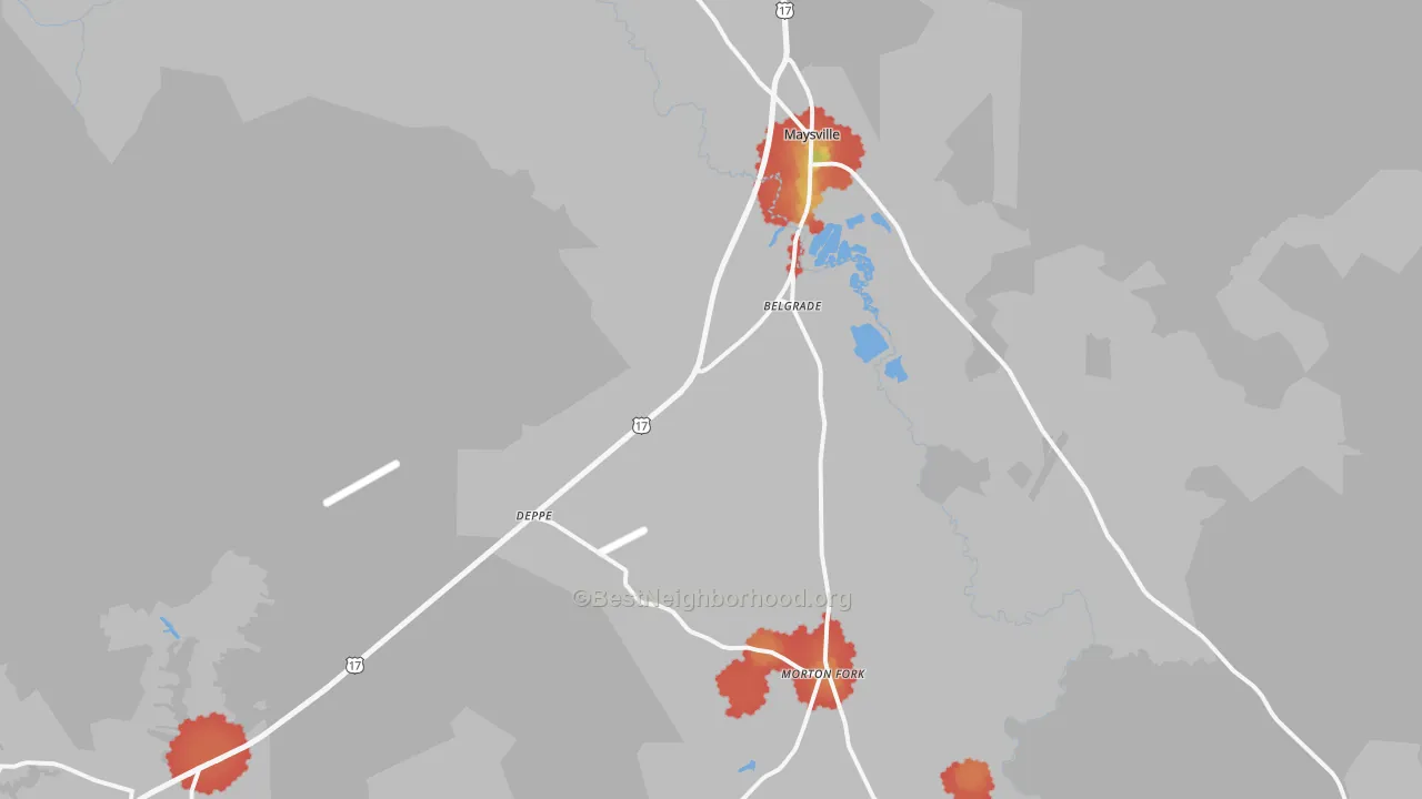Walk Grade map of Maysville, NC, walkable areas in green and car-dependent areas in red