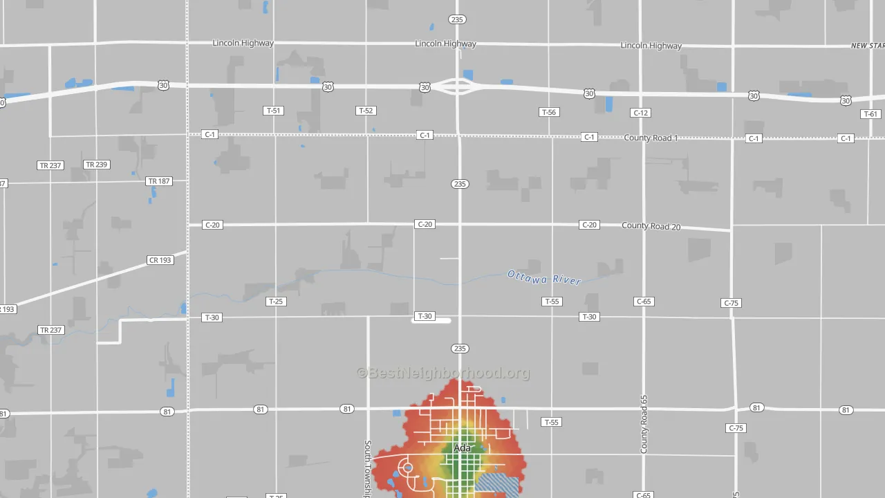 Walk Grade map of Maysville, OH, walkable areas in green and car-dependent areas in red